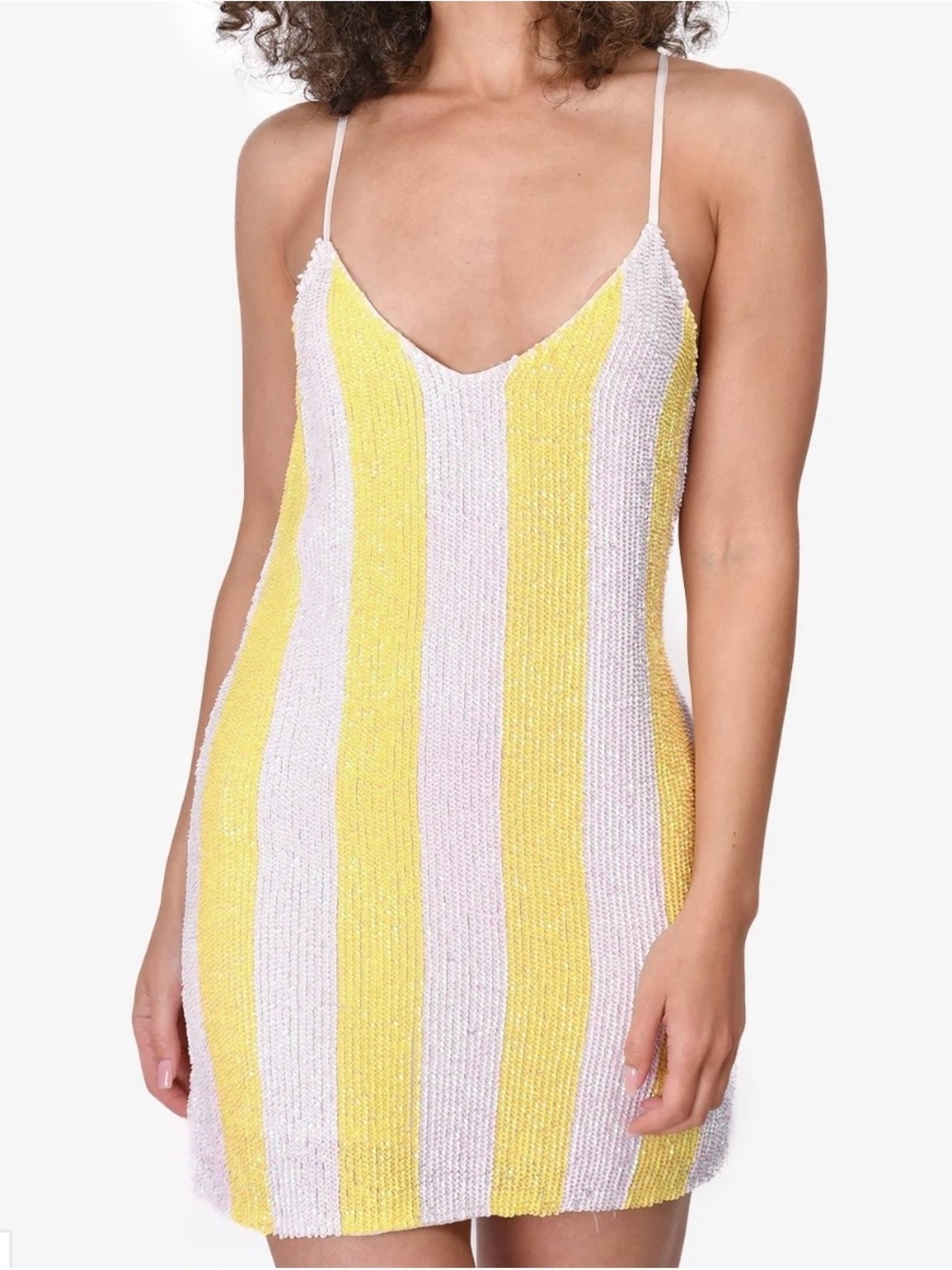 Retrofete Striped Yellow & White Sequin Spaghetti Strap Dress